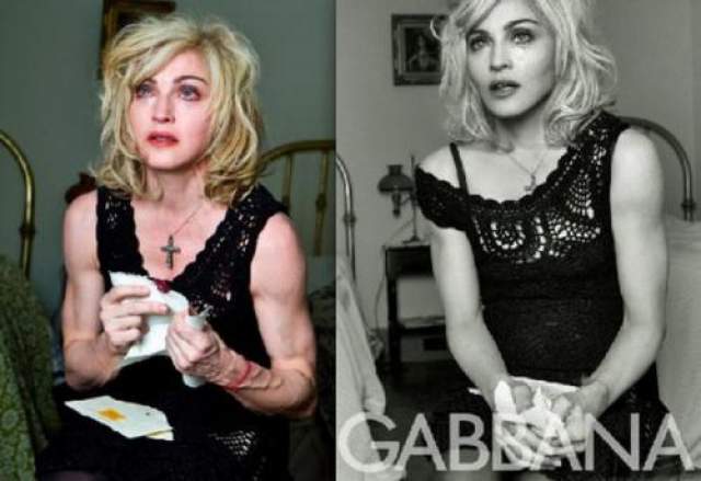 "Нестареющая" Мадонна до и после фотошопа. 