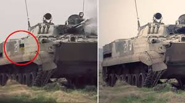 За кадром Порошенко повествует "о мощи украинской армии", но, как оказалось, видео было смонтировано из кадров рекламного клипа российской бронемашины - БМП-3. Только в ролике Порошенко на борту боевой машины нарисован украинский флаг.