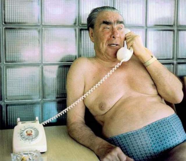 Генеральный секретарь ЦК КПСС Леонид Брежнев в семейных трусах, прислонившийся к типично советской стене из стеклоблоков, как бы олицетворят собой эпоху застоя имени себя. 