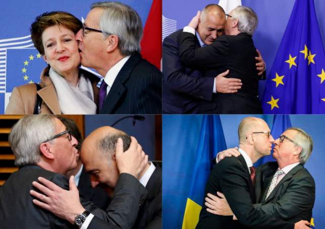 Жан-Клод Юнкер. 23 мая 2015. Глава Еврокомиссии всегда славился тем, что может подшутить над политиками, отметить их лишний вес или "диктаторские замашки", поцеловать их в лоб, похлопать по спине и даже по лицу. 