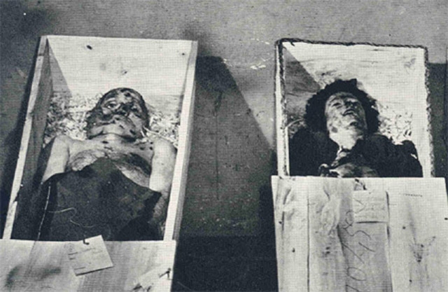 После этого веревки подрезали, и тела некоторое время лежали в сточной канаве. 1 мая Муссолини и Петаччи были похоронены на миланском кладбище Чимитеро Маджиоре, на участке для бедных.