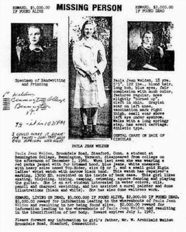 1 декабря 1946 года 18-летняя студентка Пола Верден уча на пешую прогулку. Она так никогда и не вернулась, и не было найдено никаких ее следов. 